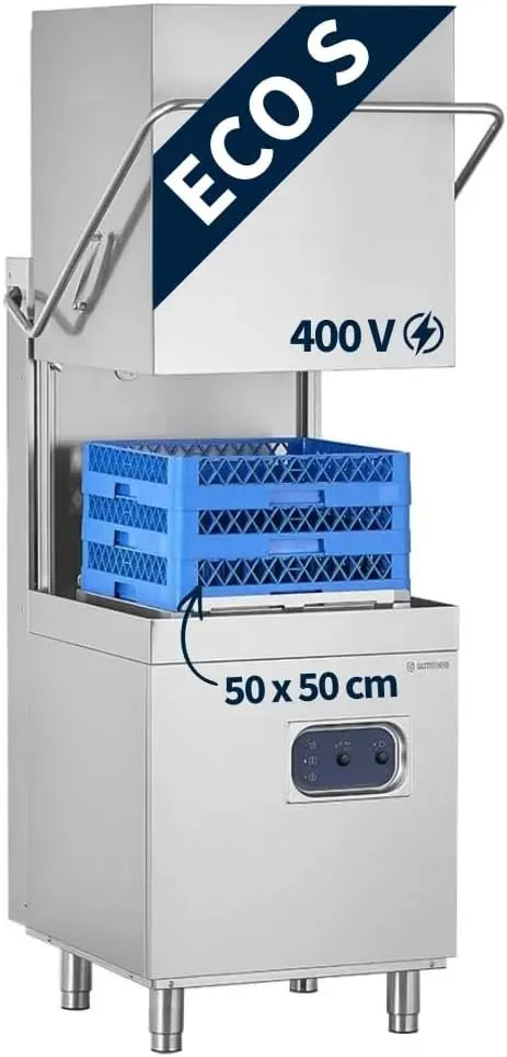GastroHero Lave-vaisselle à hotte ECO 50 x 50 cm 400 V Gastro lave-vaisselle GN 1/1 sans pompe de vidange – gris/bleu