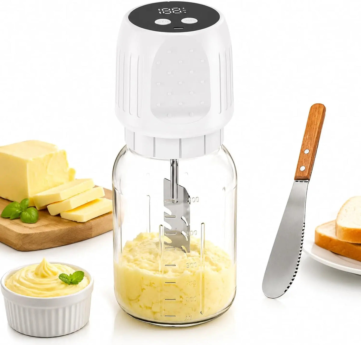 Machine à baratter le beurre électrique 1L avec pot en verre – 3000 mAh, beige/gris/blanc