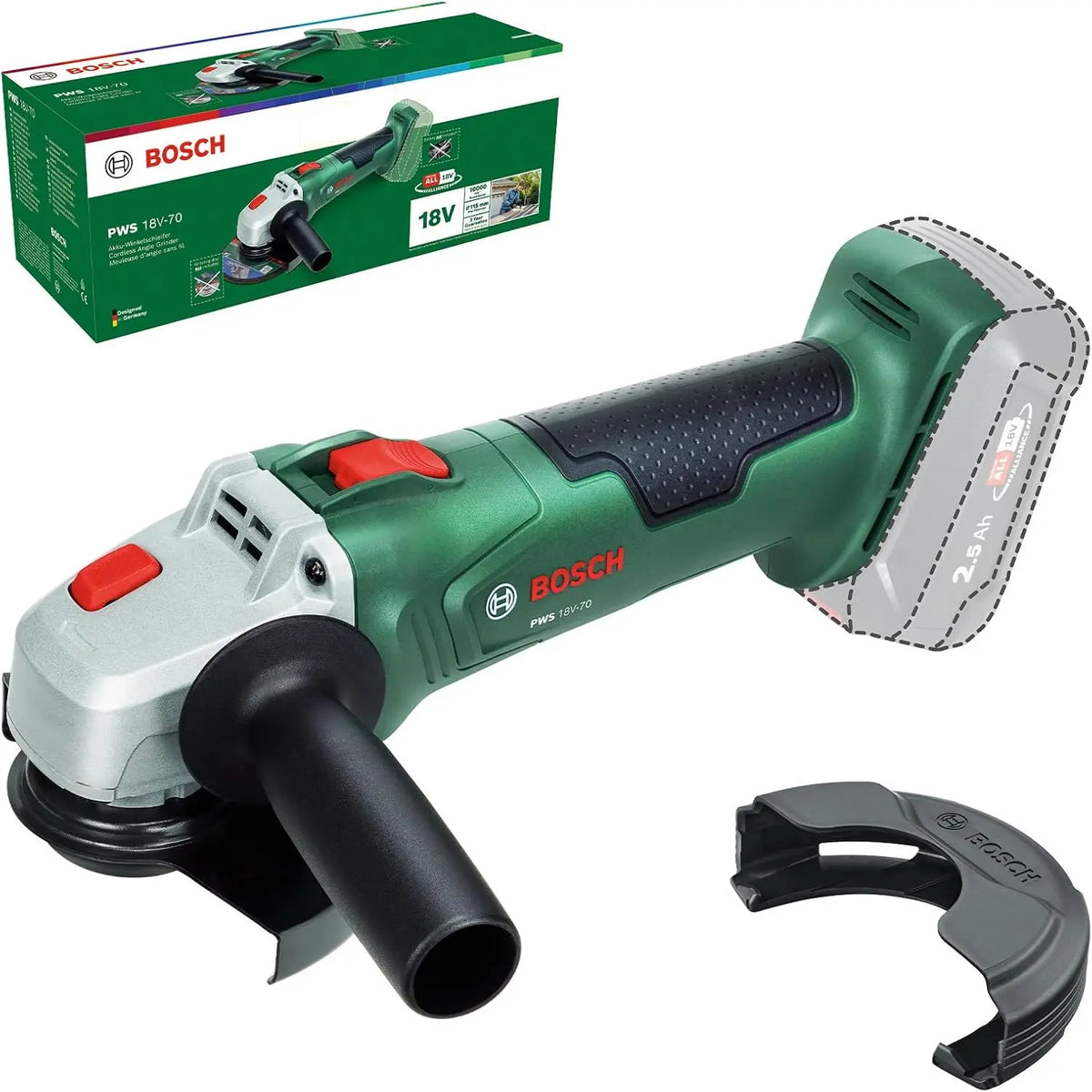 Bosch 18V système meuleuse angulaire sans fil PWS 18V-70 pour les petits et moyens projets de tronçonnage – gris/vert/noir