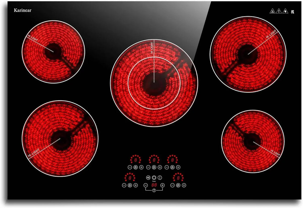 Karinear Plaque Vitrocéramique 5 Feux avec Double Zone Extensible – 8700 W, noir/rouge/gris