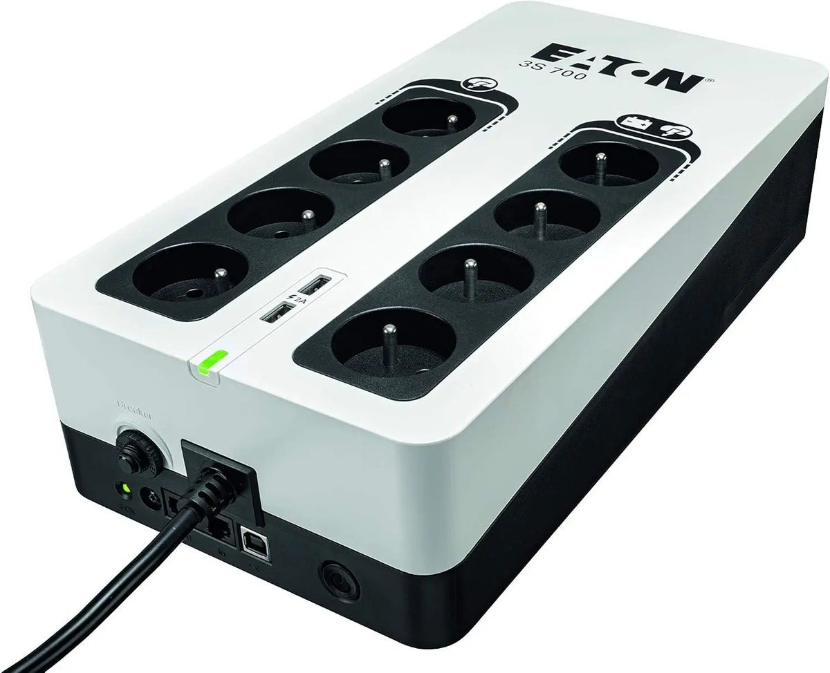 Eaton Onduleur Parafoudre 3S 700 FR - Off-Line UPS - Alimentation sans Interruption - Puissance 700VA 8 – 420 watts, noir/blanc