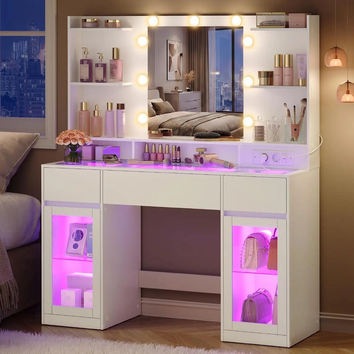 VASAGLE Coiffeuse avec Miroir LED et Éclairage RGB – RDT145WB01, 107 x 40 x 144,5 cm, blanc
