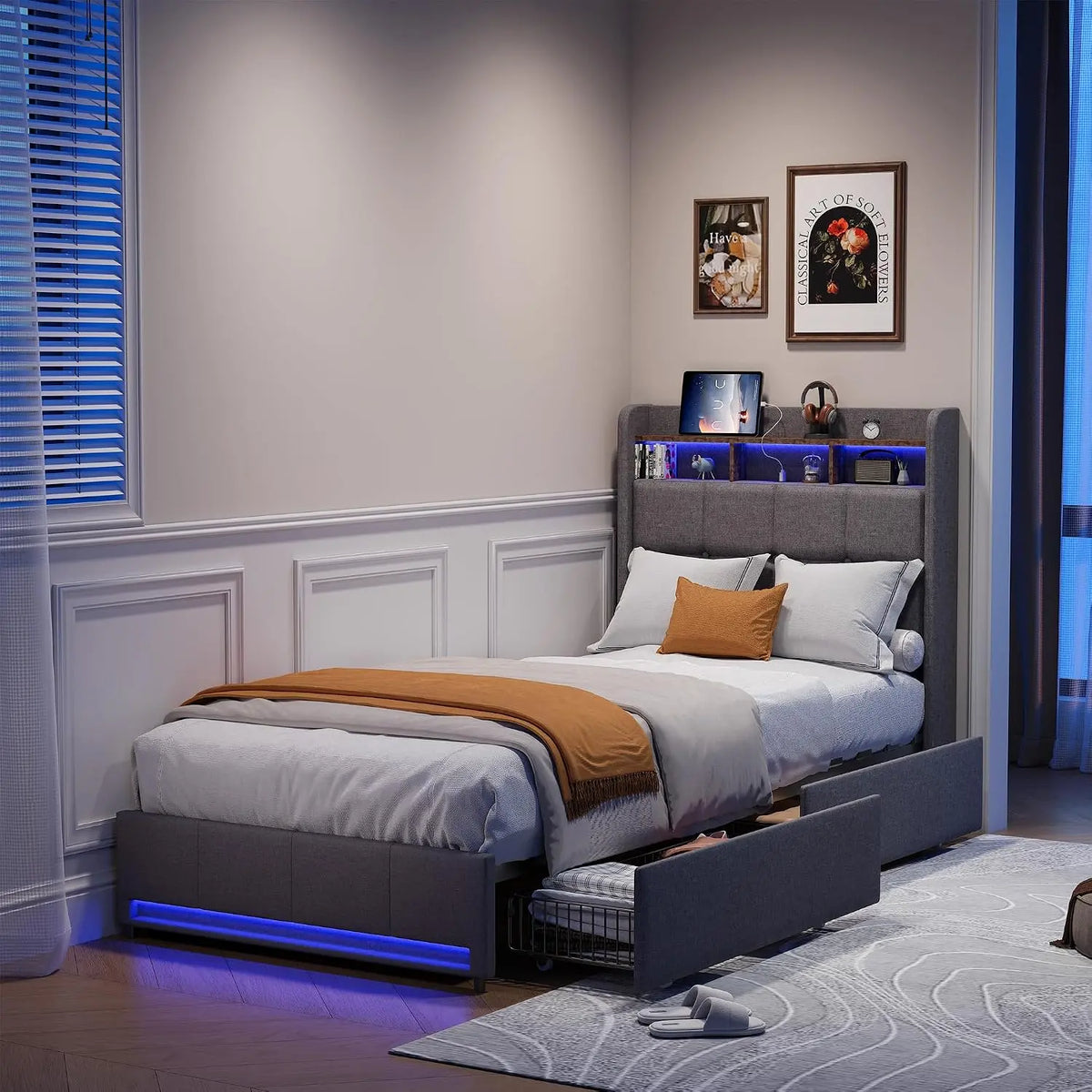 Lit capitonné 90 x 200 cm avec éclairage LED – gris