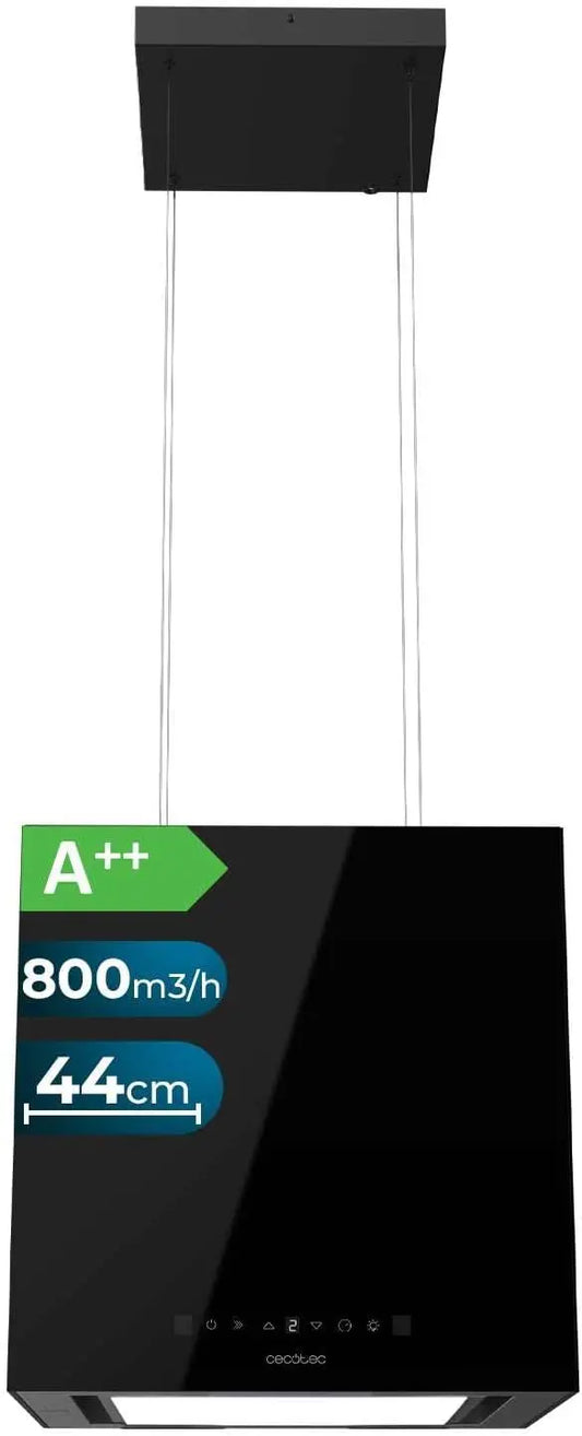 Cecotec Hotte Aspirante 44cm îlot Carré Bolero Flux Cct 448000 Glass noir A++. Finition Verre Noir – 210 W
