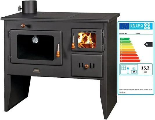 Prity 2P41 Poêle à bois avec 2 plaques de cuisson – 15,2 kW, gris/noir