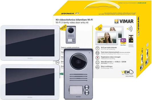 Vimar K40946 Kit interphone vidéo bifamilial intelligent avec 2 écrans tactiles mains libres – gris/jaune/noir