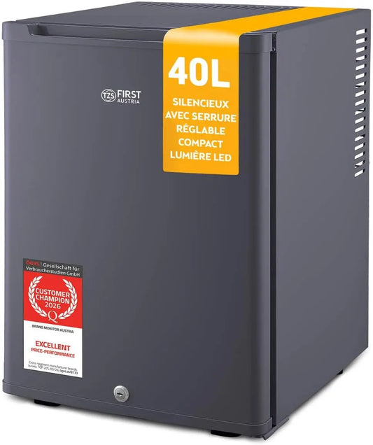TZS First Austria - Mini réfrigérateur 40L silencieux - Petit mini-frigo avec porte réversible et lumière – gris anthracite