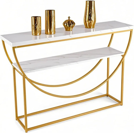 LIFEZEAL Table Console d'Entrée avec Effet Marbré et Cadre Arqué – gris/beige/blanc
