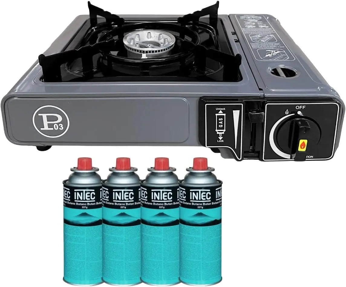 INTEC - Réchaud Gaz portable 1 Feu 2,2 KW + 4 Cartouches gaz Butane incluses Allumage Piezo – gris/noir/bleu
