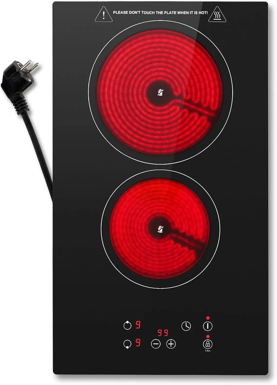 Plaque Vitrocéramique 2 feux – 3000 W, 52 x 30 cm, 50 Hz, noir/rouge/gris