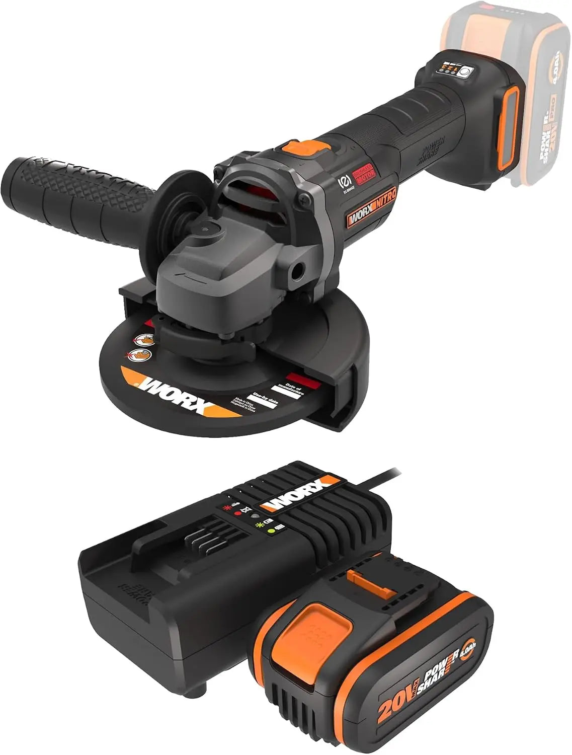 PACK WORX NITRO Meuleuse d'Angle sans Fil sans balais 20V WX814.9 + Batterie 4Ah – 1000 W, gris/noir