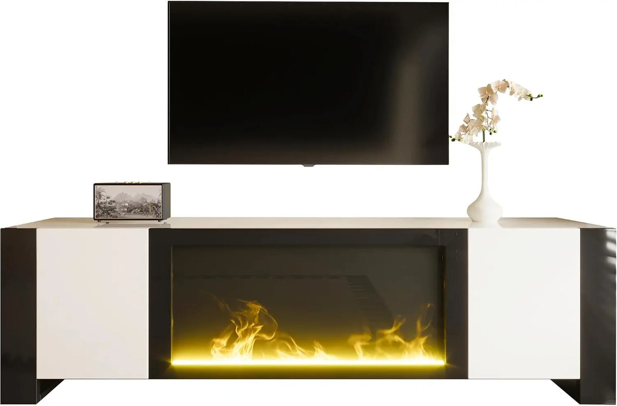 Meuble téléviseur bas avec cheminée électrique et effet flamme – blanc