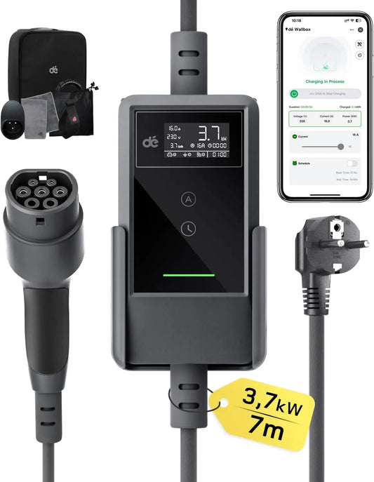 Dé Chargeur Voiture Electrique App 3,7kW 7m 6-16A Réglable Type 2 Schuko – gris/noir