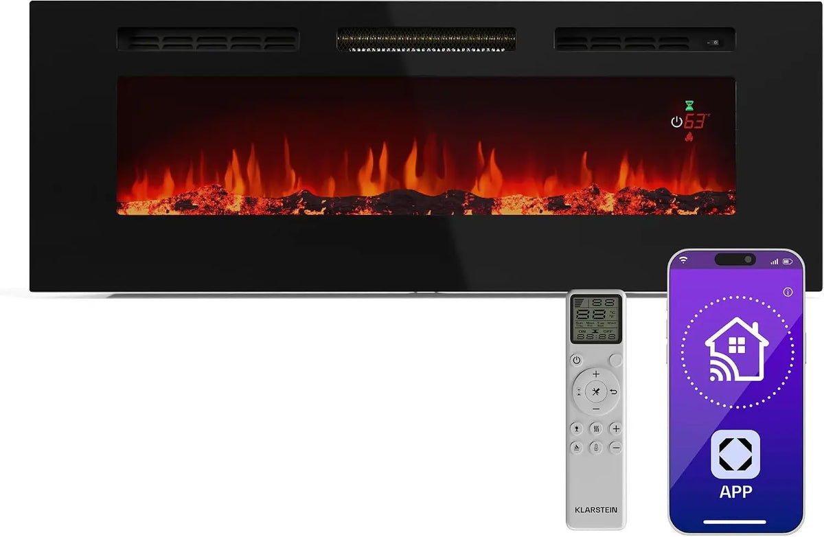 Klarstein Galeras Smart Cheminée électrique Effet de Flamme Murale - 1800 W – noir