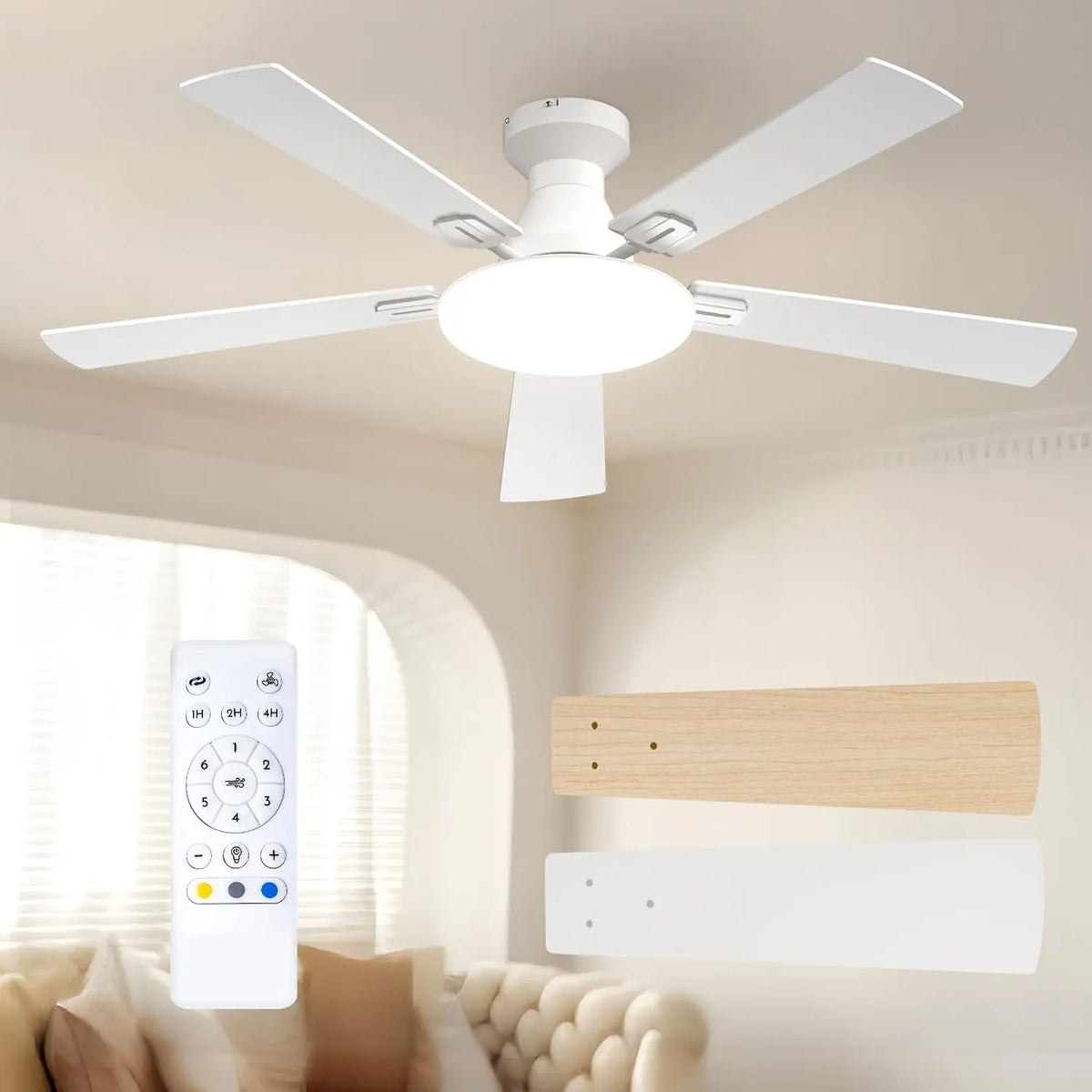 Passky – Ventilateur de Plafond avec Lumière LED Télécommande 132cm Blanc