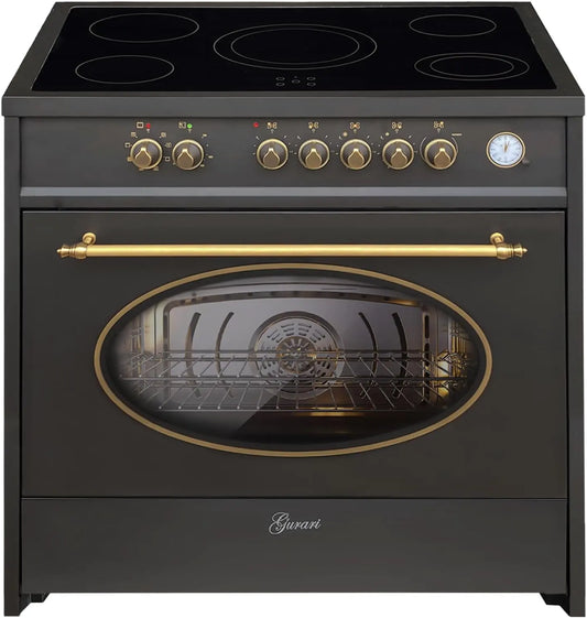 Gurari GCH E 912 BL Retro Cuisinière électrique 90 cm · Four XXL 121 L Multi 8 · Plaque vitrocéramique 5 – gris/noir
