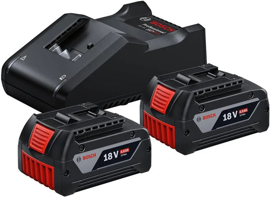 Bosch Professional 18V système Starter-Set batteries : 2 batteries GBA 18V 4.0Ah + chargeur rapide GAL – 4,0 Ah, noir/gris