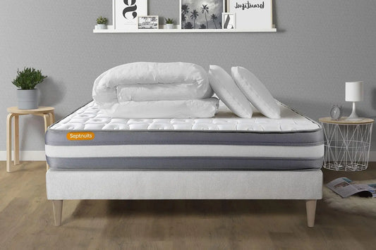 Pack Matelas + sommier kit Blanc 180x200 Memo Plus Mémoire de Forme + 2 oreillers + Couette
