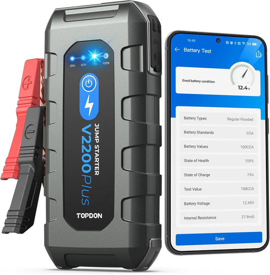 TOPDON V2200Plus Booster Batterie Voiture et 12V Testeur de Batterie 2-en-1 – gris/bleu/noir