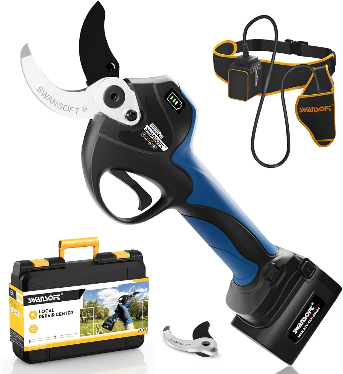 SWANSOFT 8605PRO Secateur Electrique Professionnel – 1050 W, 4 Ah, noir/gris