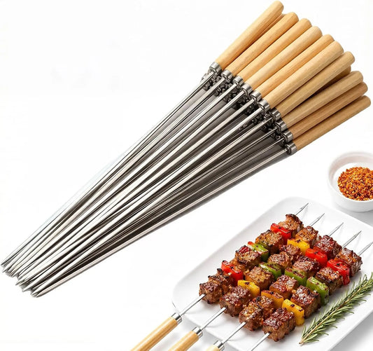 Lot de 25 brochettes de barbecue en acier inoxydable 304 avec manche en bois – argenté