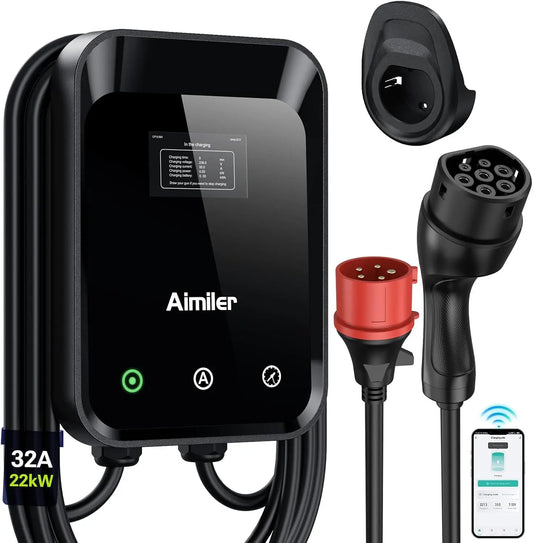 AIMILER Borne de Recharge 22kW Triphasée avec APP – 2,4 GHz, noir/gris