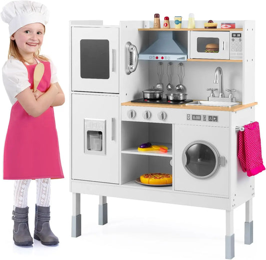COSTWAY Cuisine Enfants avec 16 Accessoires & 3 Hauteur Réglable – 83 x 29 x 103 cm, gris
