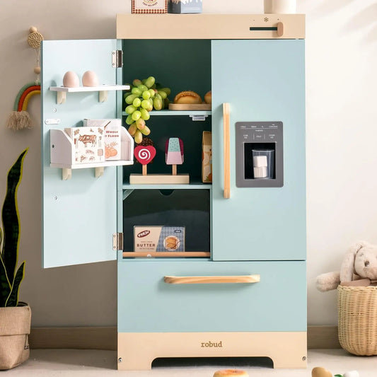 ROBUD Réfrigérateur en Bois réaliste et interactif avec bac à glaçons et Jouets Alimentaires – gris/blanc/beige