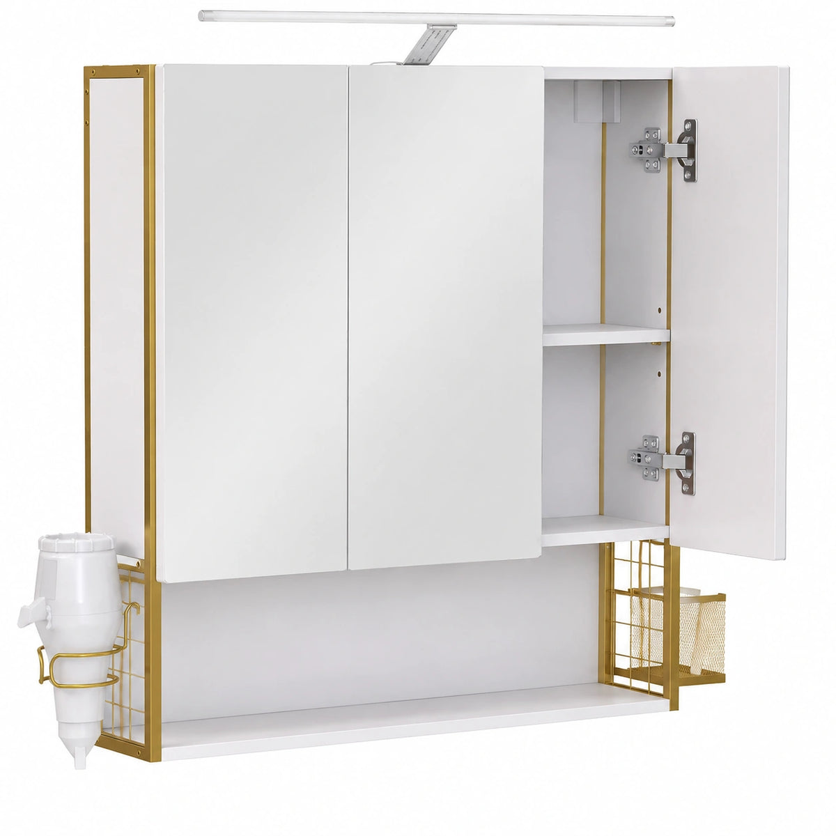 Ensemble de meubles de salle de bain, avec éclairage LED, avec prise intégrée, 14,5 x 70 x 70 cm, coloris blanc et doré, pour la salle de bain