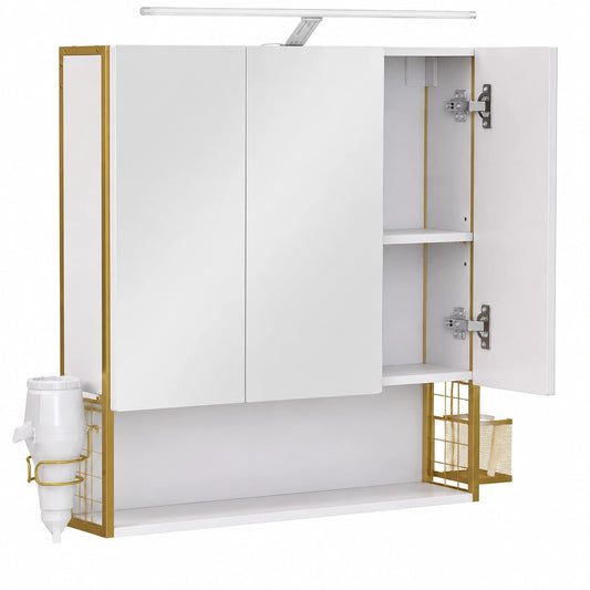 Ensemble de meubles de salle de bain, avec éclairage LED, avec prise intégrée, 14,5 x 70 x 70 cm, coloris blanc et doré, pour la salle de bain