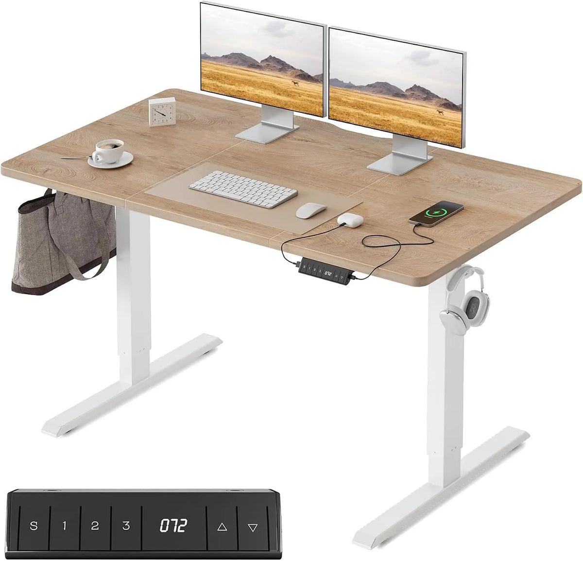 FEZIBO Bureau Assis Debout 120×60 cm avec Ports de Charge USB-C&USB-A – gris/beige