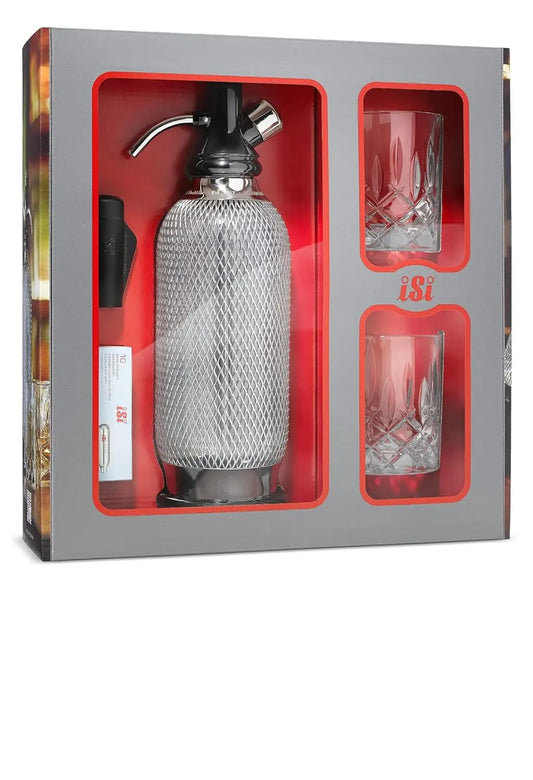ISi Soda Maker Classic Coffret cadeau avec 2 verres et 10 capsules de soda – 1,0 l, argenté