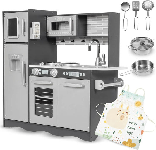 Mamabrum Grande Cuisine en Bois Enfant - Cuisine Jouet LED 92x30x82,5 CM avec Frigo – gris