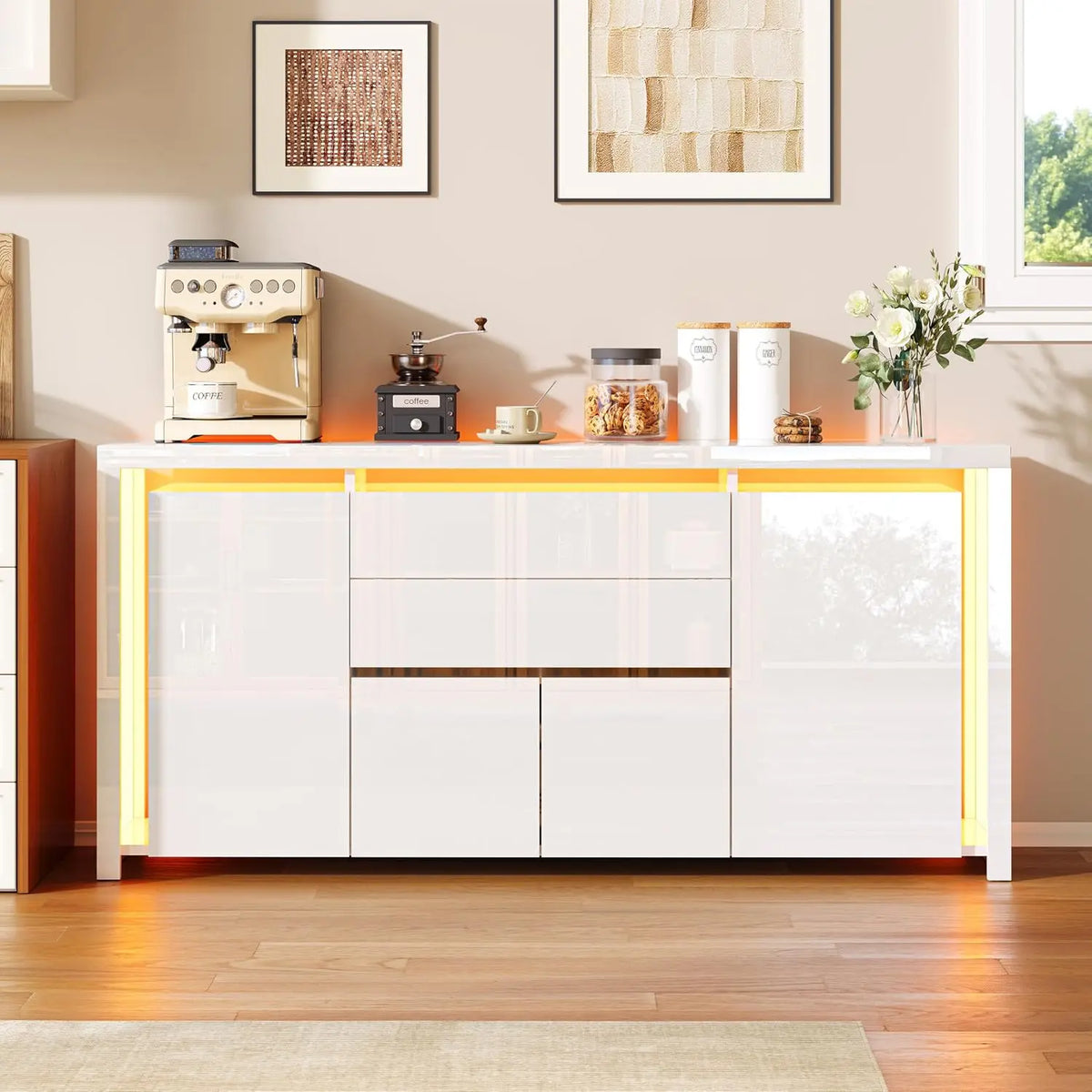 Commode Blanche Brillante 160 cm avec éclairage LED