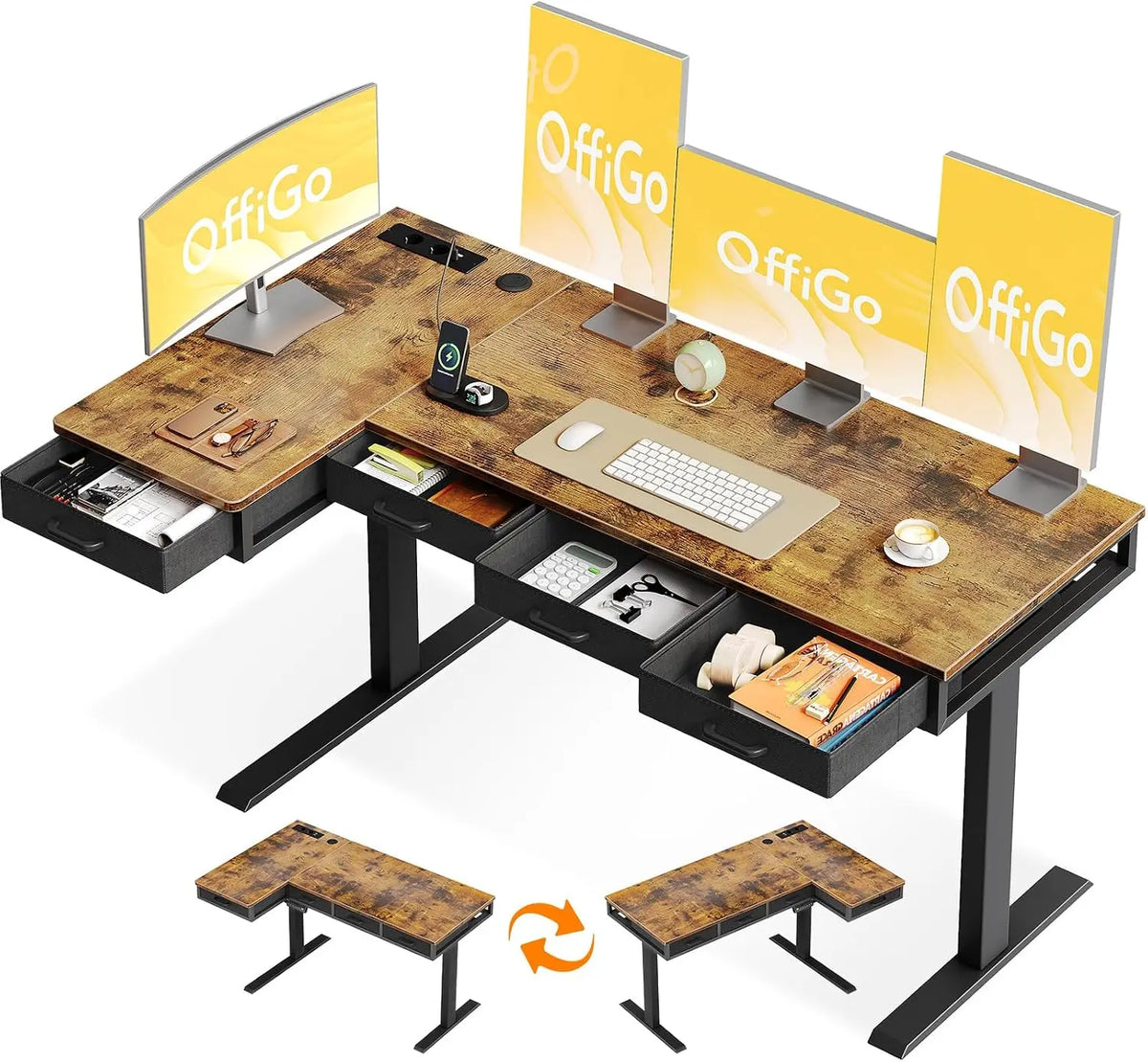 OffiGo Bureau Angle Assis Debout Electrique avec 4 Tiroirs – marron