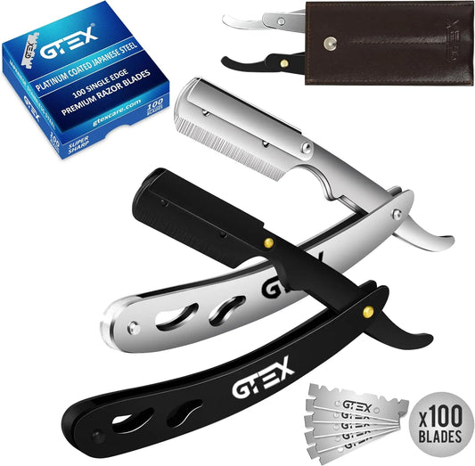 GTEX Coupe Choux Barbe - 2 Rasoir Barbe Homme Et 100 Lames GTEX Et Une Pochette En Cuir - Kit De Rasoir – noir/gris/bleu