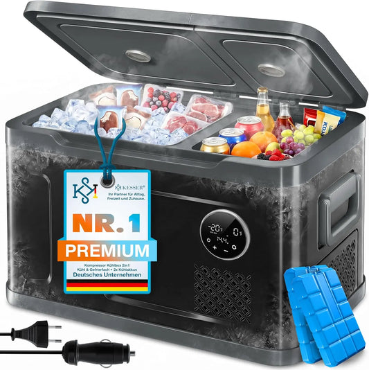 KESSER Glacière à compresseur 2en1 double zone de réfrigération & de congélation – 49 Litres, gris/noir