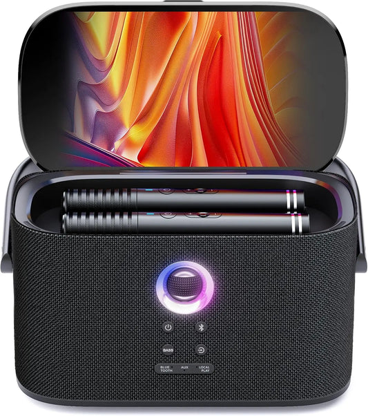 Ikarao Karaoké Adulte - Enceinte Pro avec Écran et 2 Micros sans Fil - 140W - Compatible Wi-FI – gris/noir